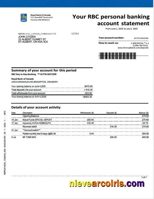 Canada Royal Bank of Canada account statement Word and PDF